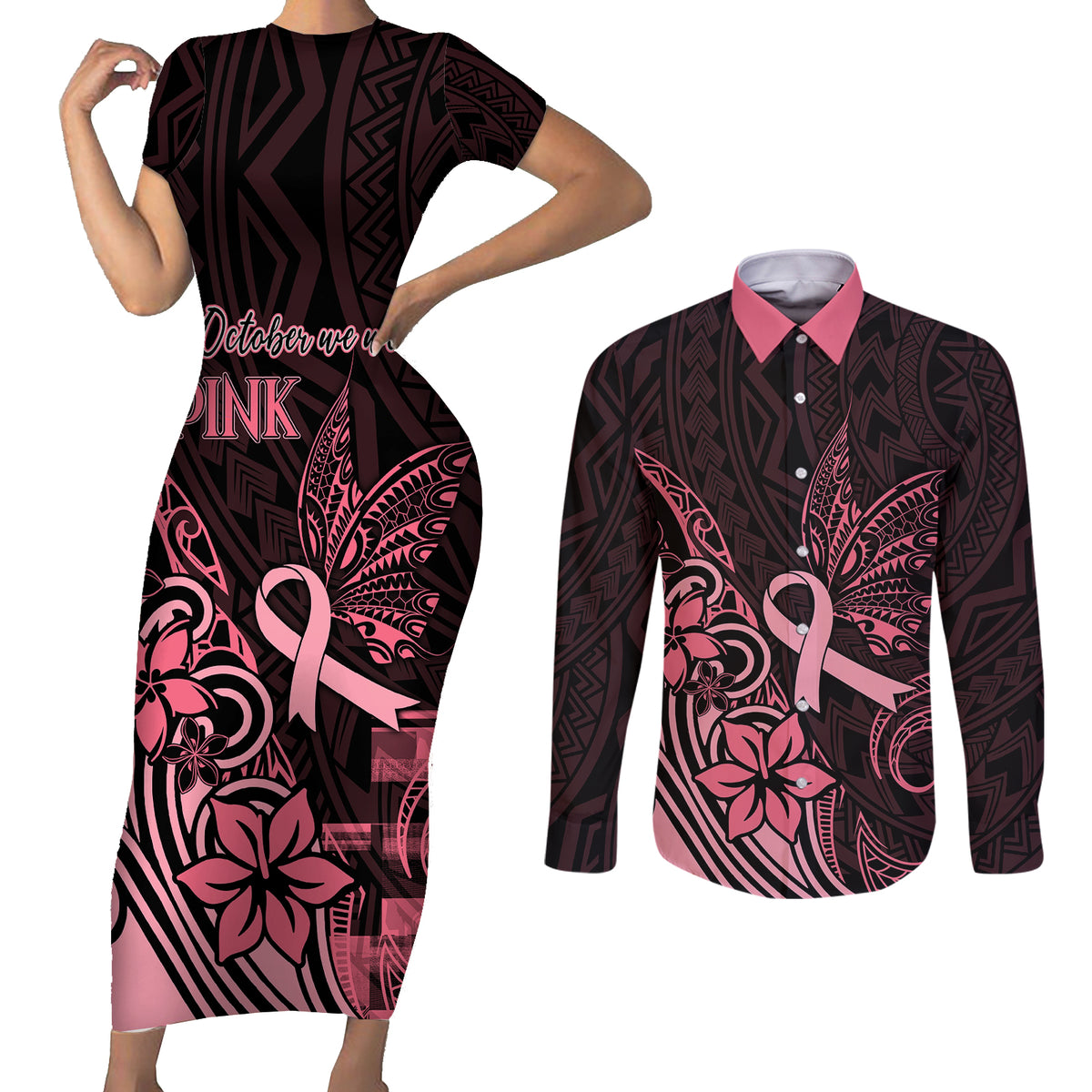 Polynesian Couples Matching Short Sleeve Bodycon Dress and Long Sleeve Button Shirts Breast Cancer RIbbon Butterfly Mix Plumeria Curves Pink LT7 - Wonder Print Shop