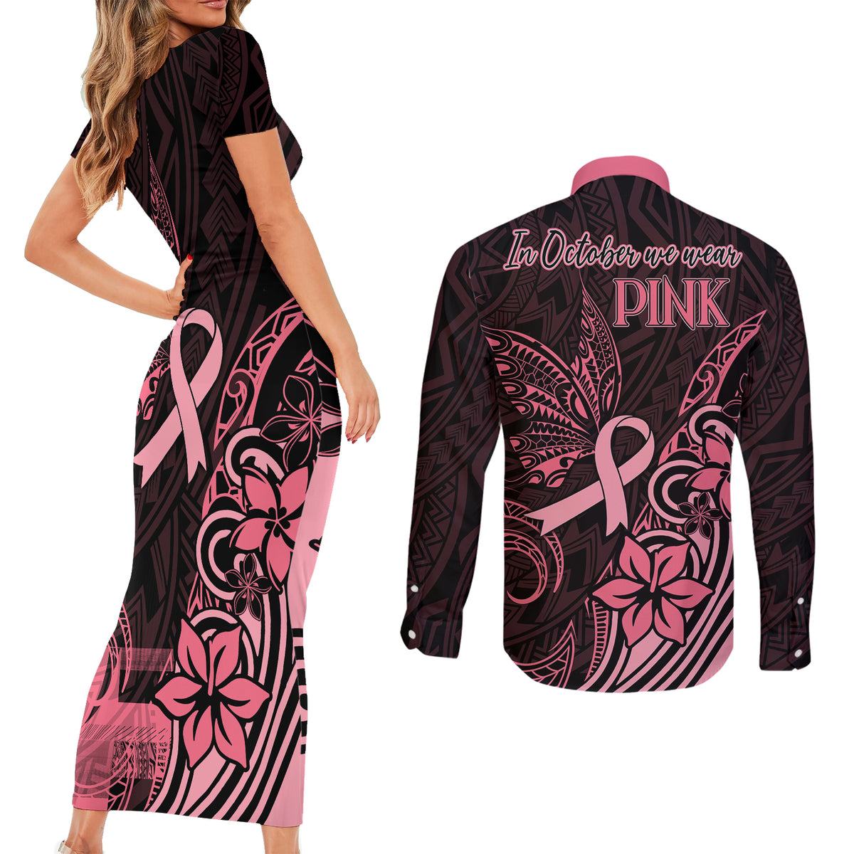Polynesian Couples Matching Short Sleeve Bodycon Dress and Long Sleeve Button Shirts Breast Cancer RIbbon Butterfly Mix Plumeria Curves Pink LT7 - Wonder Print Shop