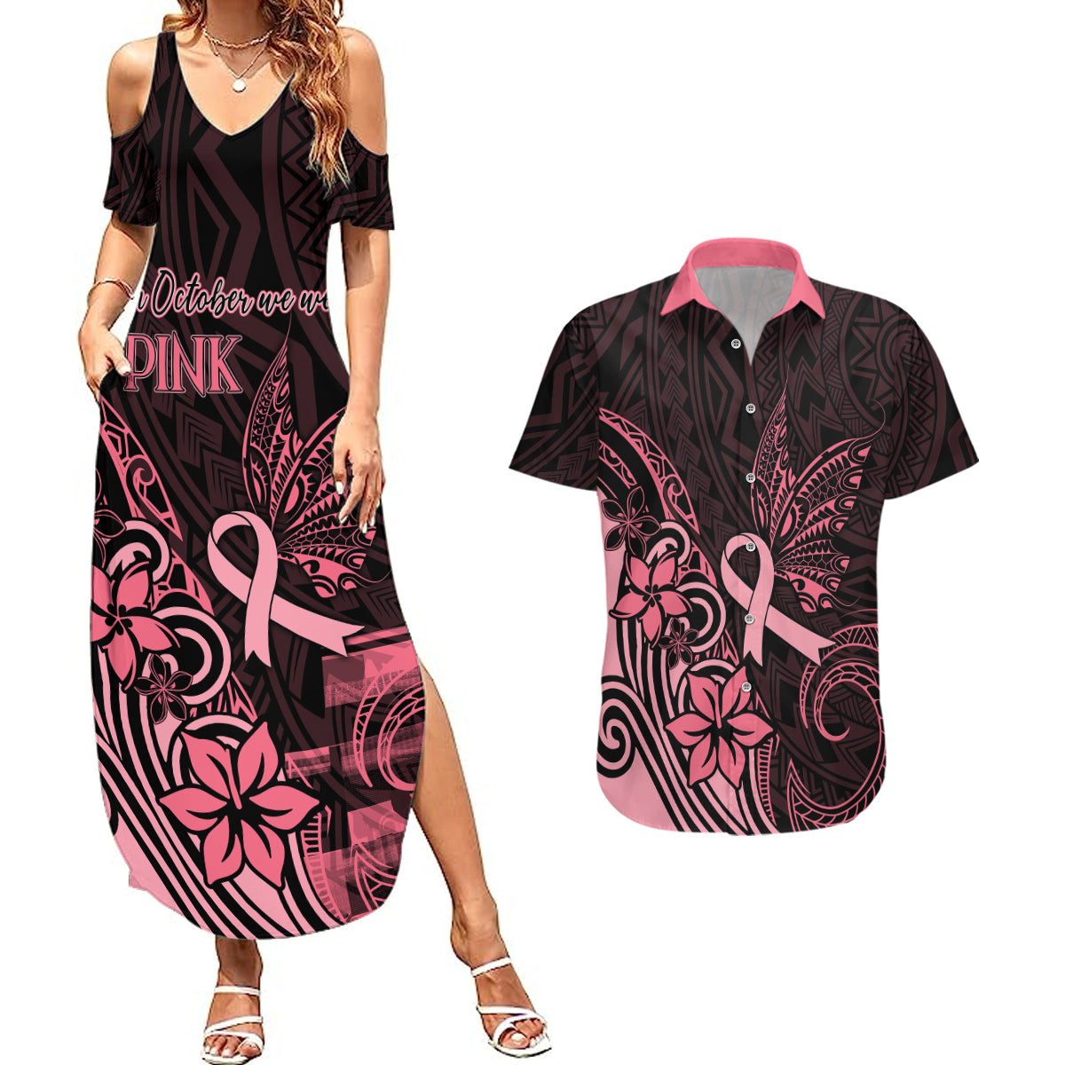 Polynesian Couples Matching Summer Maxi Dress and Hawaiian Shirt Breast Cancer RIbbon Butterfly Mix Plumeria Curves Pink LT7 - Wonder Print Shop