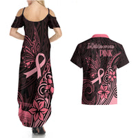 Polynesian Couples Matching Summer Maxi Dress and Hawaiian Shirt Breast Cancer RIbbon Butterfly Mix Plumeria Curves Pink LT7 - Wonder Print Shop