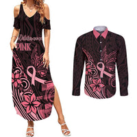 Polynesian Couples Matching Summer Maxi Dress and Long Sleeve Button Shirts Breast Cancer RIbbon Butterfly Mix Plumeria Curves Pink LT7 - Wonder Print Shop