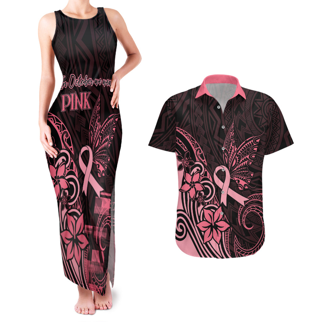 Polynesian Couples Matching Tank Maxi Dress and Hawaiian Shirt Breast Cancer RIbbon Butterfly Mix Plumeria Curves Pink LT7 - Wonder Print Shop