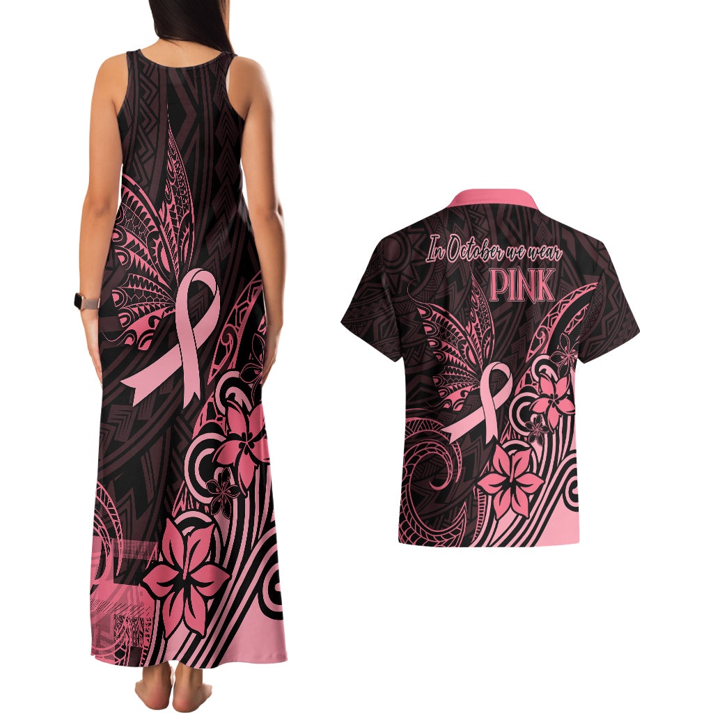 Polynesian Couples Matching Tank Maxi Dress and Hawaiian Shirt Breast Cancer RIbbon Butterfly Mix Plumeria Curves Pink LT7 - Wonder Print Shop