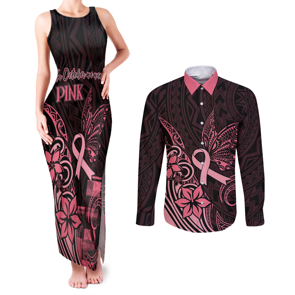 Polynesian Couples Matching Tank Maxi Dress and Long Sleeve Button Shirts Breast Cancer RIbbon Butterfly Mix Plumeria Curves Pink LT7 - Wonder Print Shop