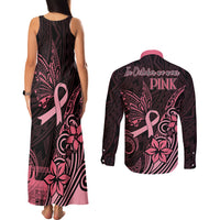 Polynesian Couples Matching Tank Maxi Dress and Long Sleeve Button Shirts Breast Cancer RIbbon Butterfly Mix Plumeria Curves Pink LT7 - Wonder Print Shop