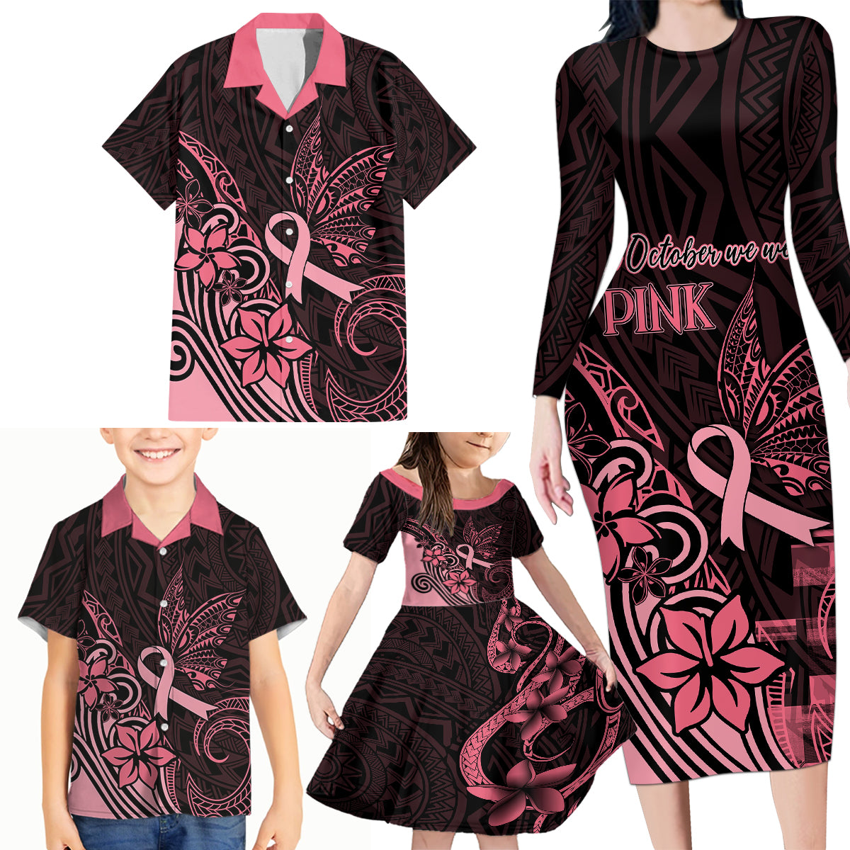 Polynesian Family Matching Long Sleeve Bodycon Dress and Hawaiian Shirt Breast Cancer RIbbon Butterfly Mix Plumeria Curves Pink LT7 - Wonder Print Shop