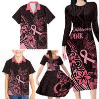 Polynesian Family Matching Long Sleeve Bodycon Dress and Hawaiian Shirt Breast Cancer RIbbon Butterfly Mix Plumeria Curves Pink LT7 - Wonder Print Shop