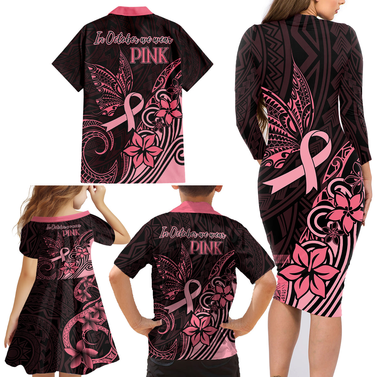 Polynesian Family Matching Long Sleeve Bodycon Dress and Hawaiian Shirt Breast Cancer RIbbon Butterfly Mix Plumeria Curves Pink LT7 - Wonder Print Shop