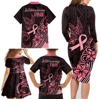 Polynesian Family Matching Long Sleeve Bodycon Dress and Hawaiian Shirt Breast Cancer RIbbon Butterfly Mix Plumeria Curves Pink LT7 - Wonder Print Shop