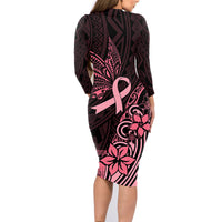 Polynesian Family Matching Long Sleeve Bodycon Dress and Hawaiian Shirt Breast Cancer RIbbon Butterfly Mix Plumeria Curves Pink LT7 - Wonder Print Shop