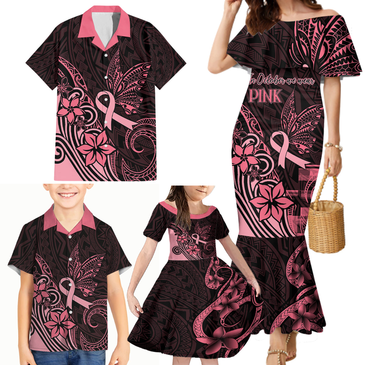 Polynesian Family Matching Mermaid Dress and Hawaiian Shirt Breast Cancer RIbbon Butterfly Mix Plumeria Curves Pink LT7 - Wonder Print Shop