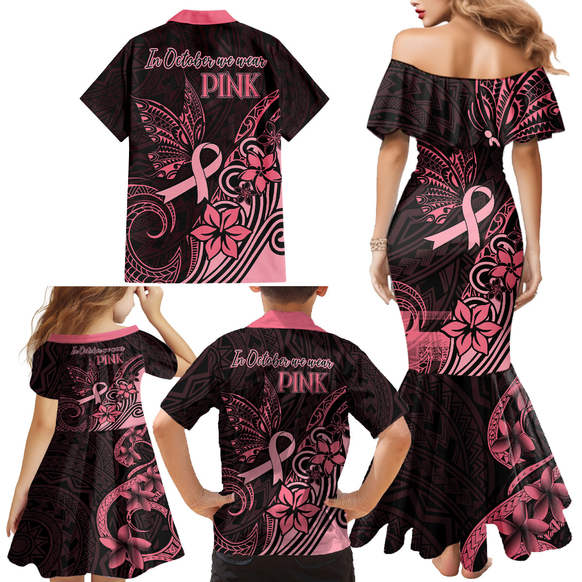 Polynesian Family Matching Mermaid Dress and Hawaiian Shirt Breast Cancer RIbbon Butterfly Mix Plumeria Curves Pink LT7 - Wonder Print Shop