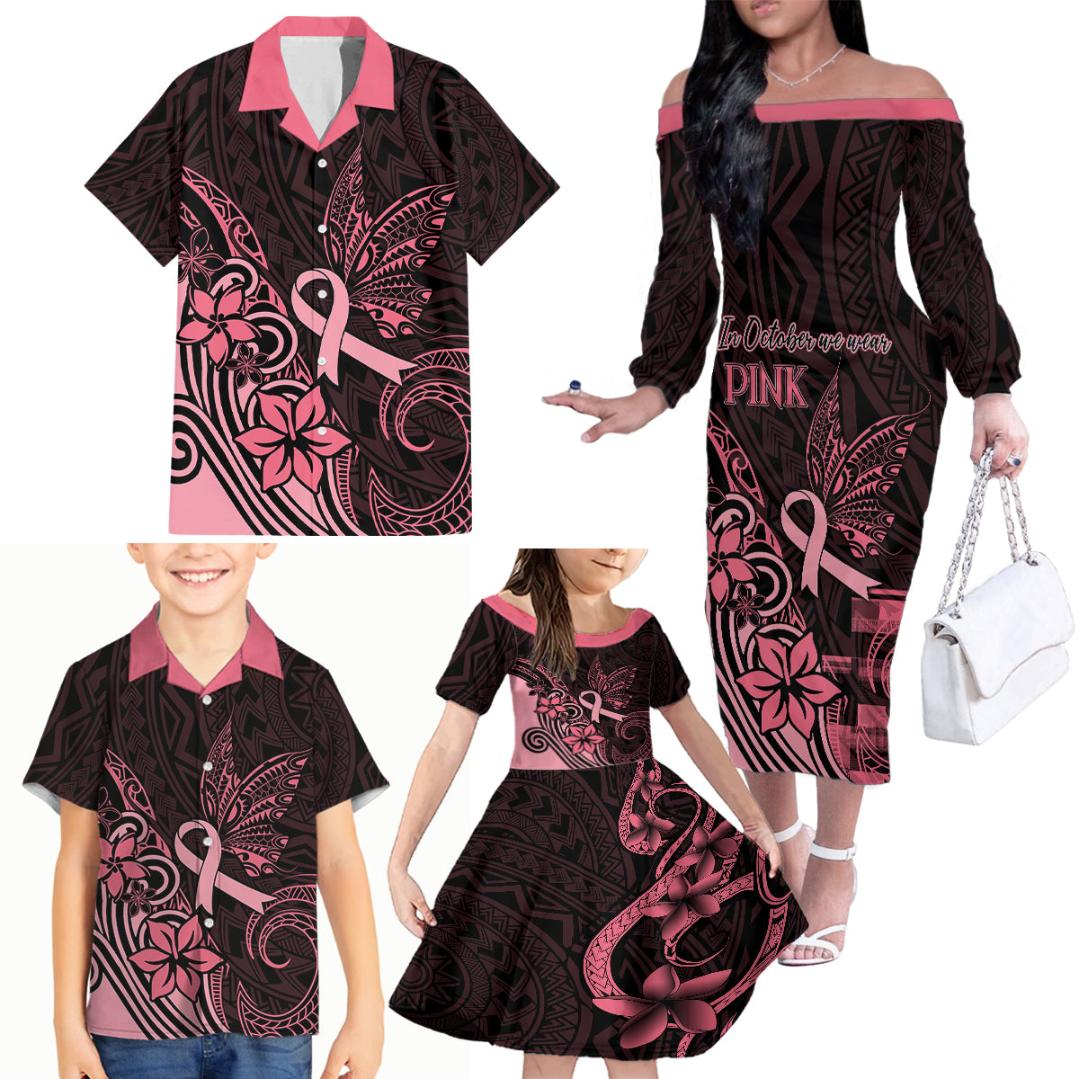 Polynesian Family Matching Off Shoulder Long Sleeve Dress and Hawaiian Shirt Breast Cancer RIbbon Butterfly Mix Plumeria Curves Pink - Wonder Print Shop