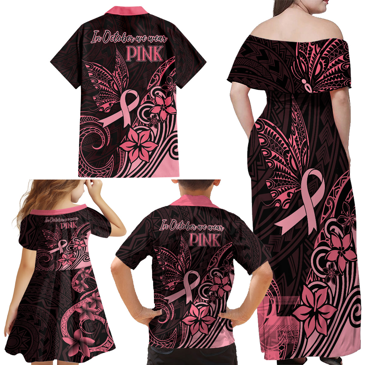 Polynesian Family Matching Off Shoulder Long Sleeve Dress and Hawaiian Shirt Breast Cancer RIbbon Butterfly Mix Plumeria Curves Pink - Wonder Print Shop