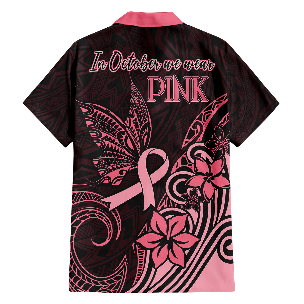Polynesian Family Matching Off Shoulder Long Sleeve Dress and Hawaiian Shirt Breast Cancer RIbbon Butterfly Mix Plumeria Curves Pink - Wonder Print Shop