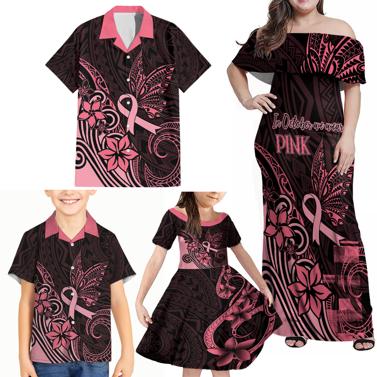 Polynesian Family Matching Off Shoulder Maxi Dress and Hawaiian Shirt Breast Cancer RIbbon Butterfly Mix Plumeria Curves Pink LT7 - Wonder Print Shop