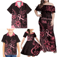 Polynesian Family Matching Off Shoulder Maxi Dress and Hawaiian Shirt Breast Cancer RIbbon Butterfly Mix Plumeria Curves Pink LT7 - Wonder Print Shop
