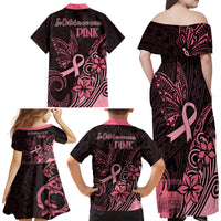 Polynesian Family Matching Off Shoulder Maxi Dress and Hawaiian Shirt Breast Cancer RIbbon Butterfly Mix Plumeria Curves Pink LT7 - Wonder Print Shop