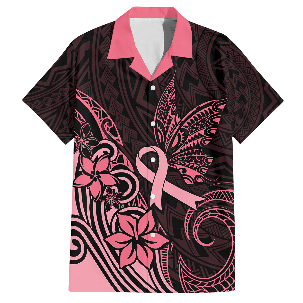 Polynesian Family Matching Off Shoulder Maxi Dress and Hawaiian Shirt Breast Cancer RIbbon Butterfly Mix Plumeria Curves Pink LT7 - Wonder Print Shop