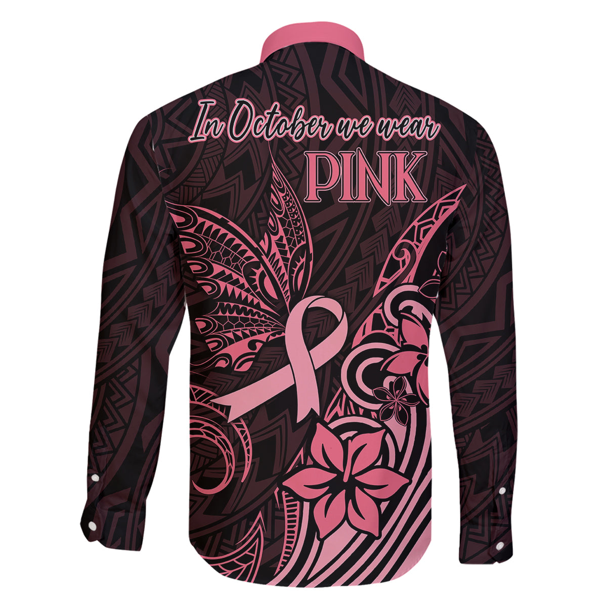 Polynesian Family Matching Off Shoulder Maxi Dress and Hawaiian Shirt Breast Cancer RIbbon Butterfly Mix Plumeria Curves Pink LT7 - Wonder Print Shop