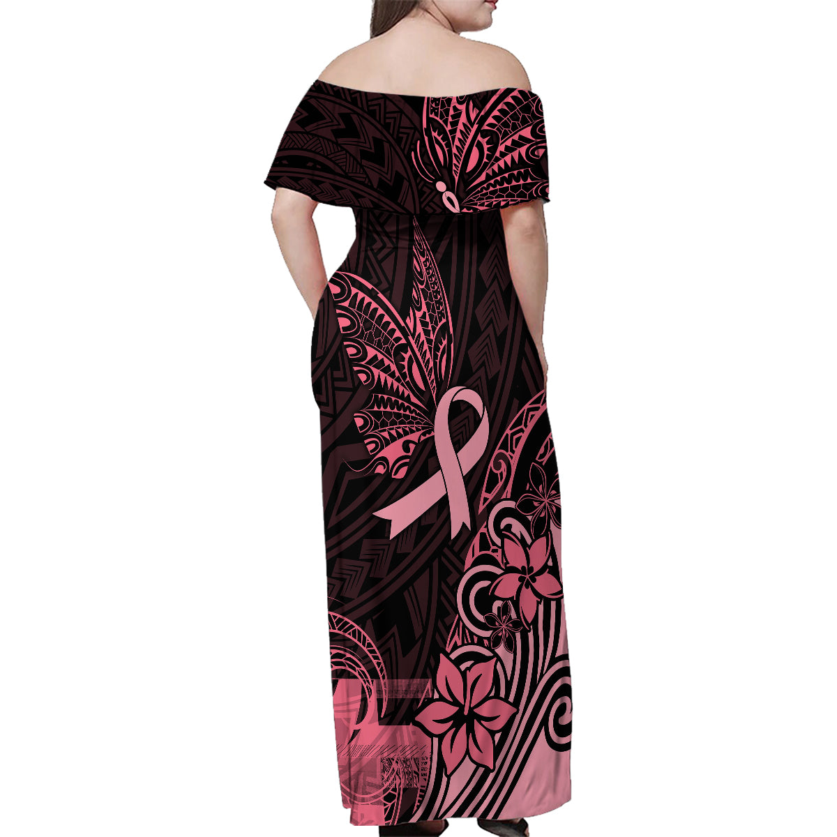 Polynesian Family Matching Off Shoulder Maxi Dress and Hawaiian Shirt Breast Cancer RIbbon Butterfly Mix Plumeria Curves Pink LT7 - Wonder Print Shop