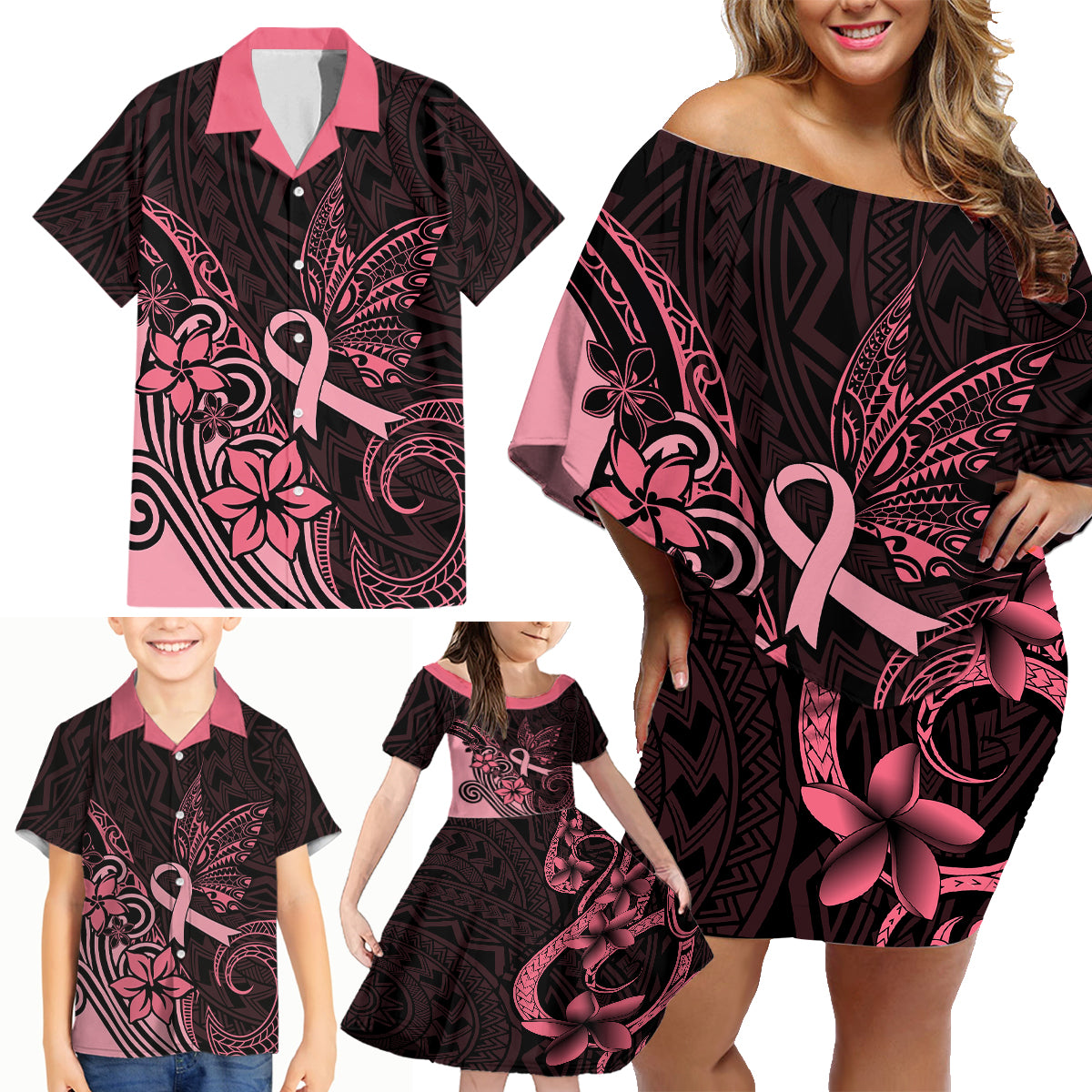 Polynesian Family Matching Off Shoulder Short Dress and Hawaiian Shirt Breast Cancer RIbbon Butterfly Mix Plumeria Curves Pink LT7 - Wonder Print Shop