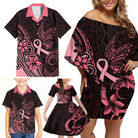 Polynesian Family Matching Off Shoulder Short Dress and Hawaiian Shirt Breast Cancer RIbbon Butterfly Mix Plumeria Curves Pink LT7 - Wonder Print Shop