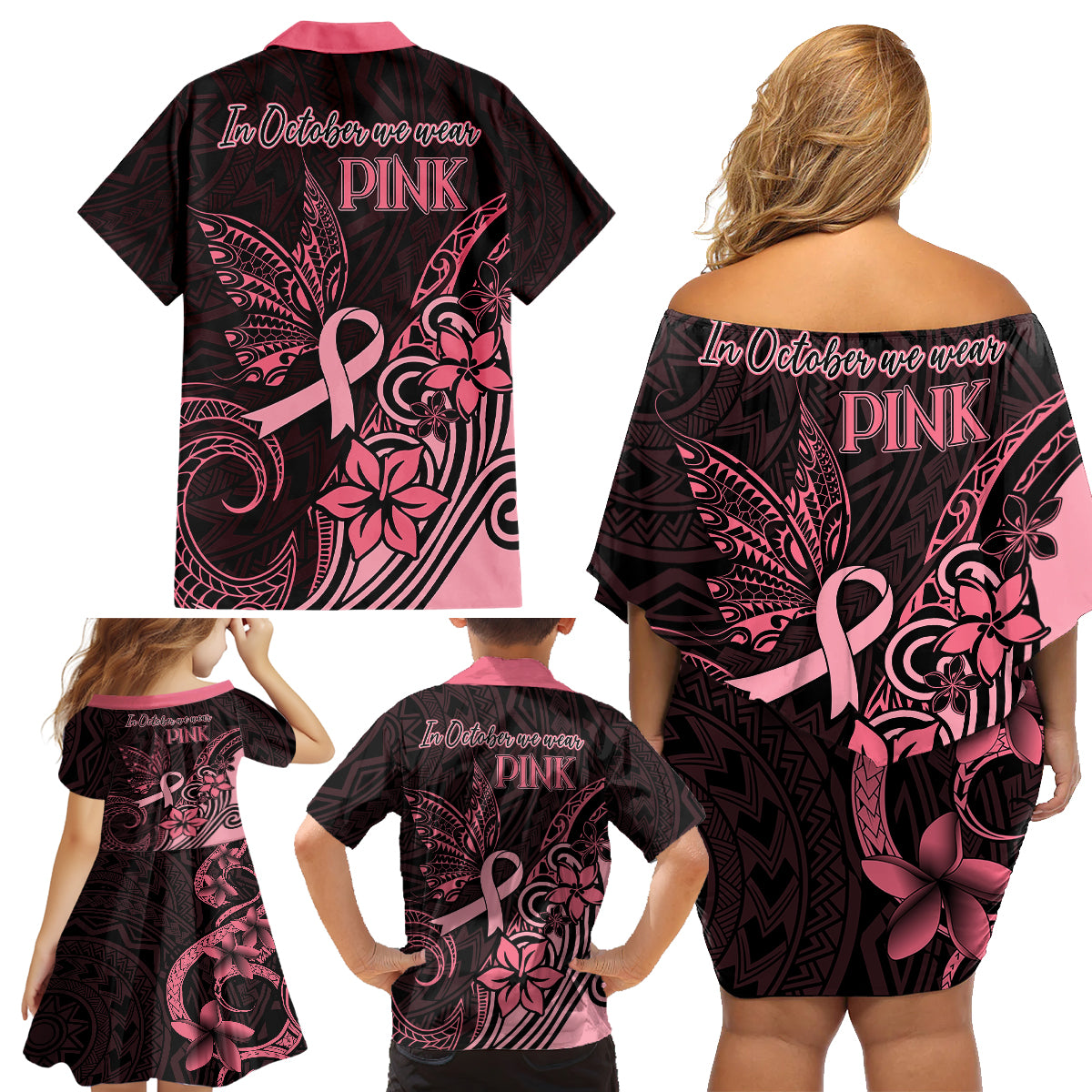 Polynesian Family Matching Off Shoulder Short Dress and Hawaiian Shirt Breast Cancer RIbbon Butterfly Mix Plumeria Curves Pink LT7 - Wonder Print Shop