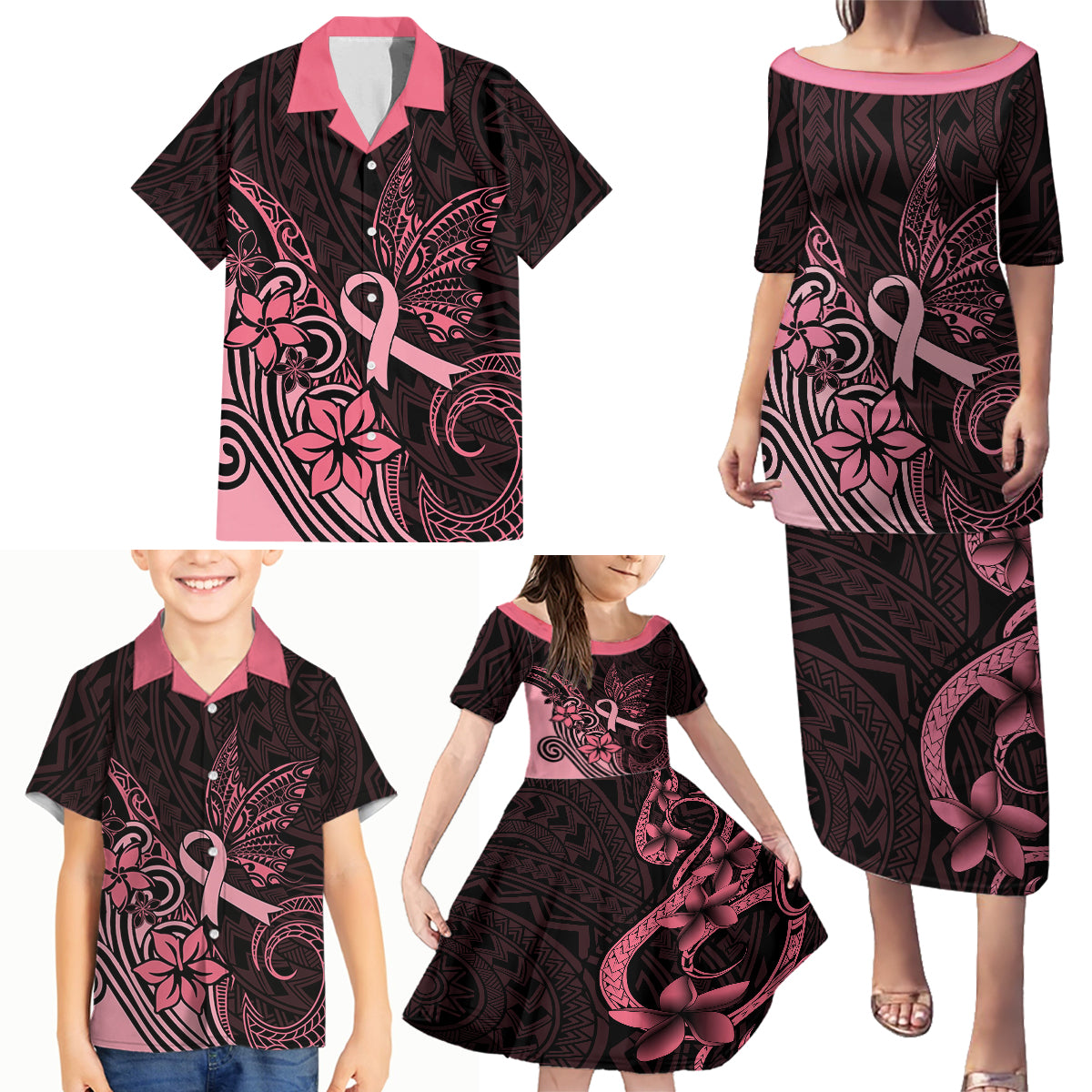 Polynesian Family Matching Puletasi Dress and Hawaiian Shirt Breast Cancer RIbbon Butterfly Mix Plumeria Curves Pink - Wonder Print Shop