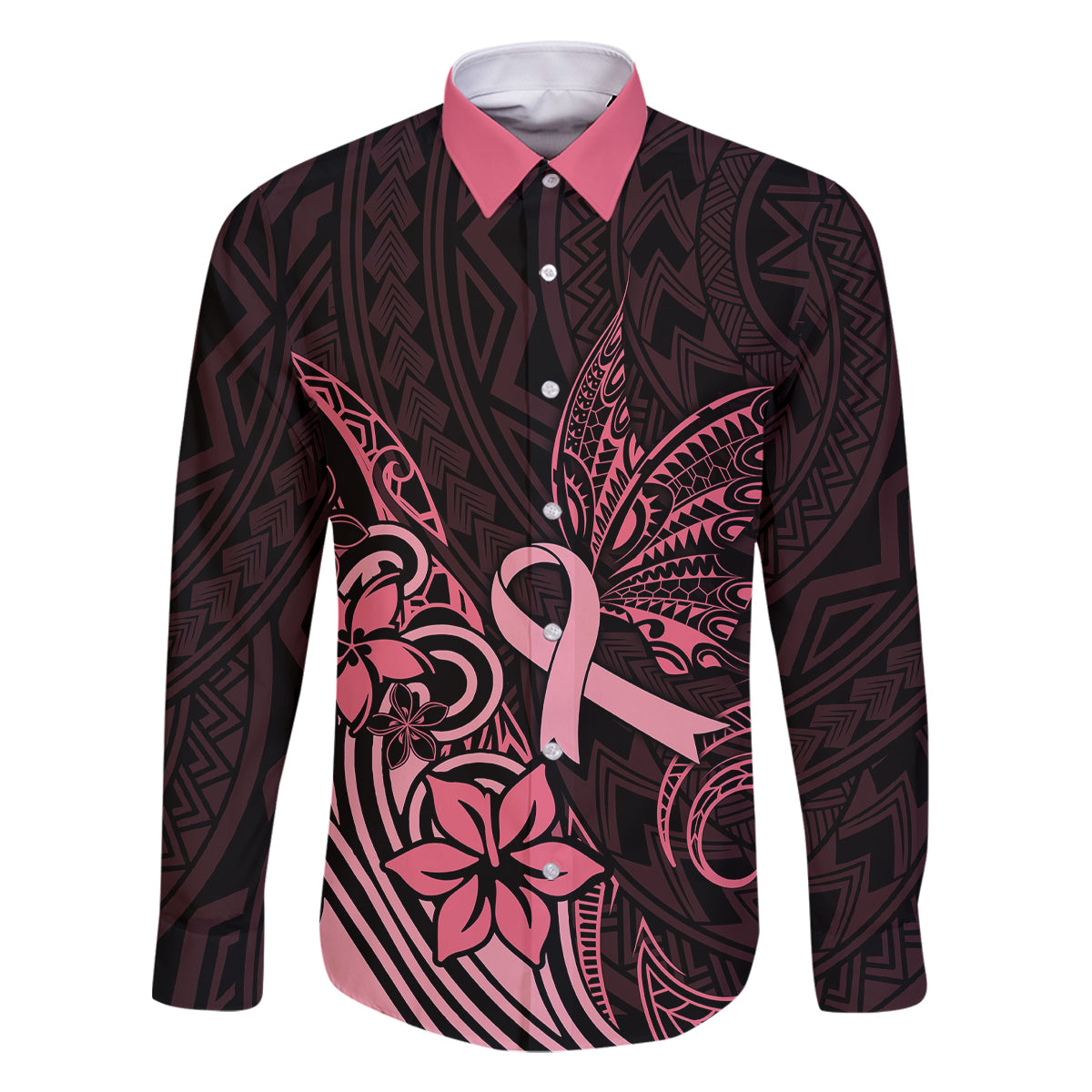 Polynesian Family Matching Puletasi Dress and Hawaiian Shirt Breast Cancer RIbbon Butterfly Mix Plumeria Curves Pink - Wonder Print Shop