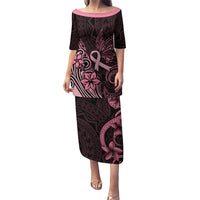 Polynesian Family Matching Puletasi Dress and Hawaiian Shirt Breast Cancer RIbbon Butterfly Mix Plumeria Curves Pink - Wonder Print Shop