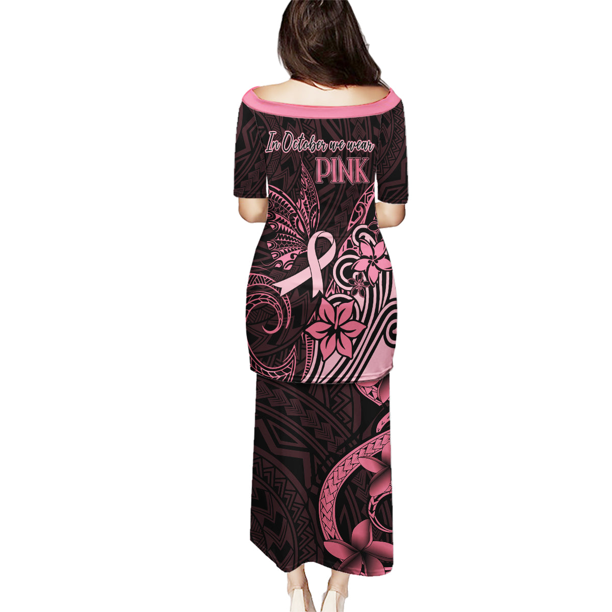Polynesian Family Matching Puletasi Dress and Hawaiian Shirt Breast Cancer RIbbon Butterfly Mix Plumeria Curves Pink - Wonder Print Shop