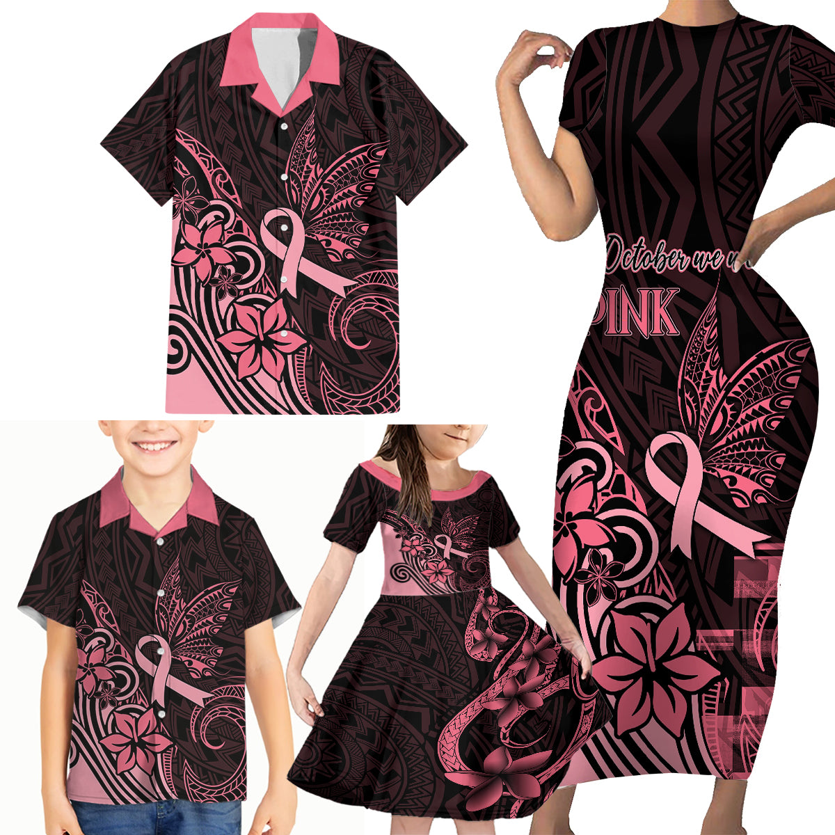 Polynesian Family Matching Short Sleeve Bodycon Dress and Hawaiian Shirt Breast Cancer RIbbon Butterfly Mix Plumeria Curves Pink - Wonder Print Shop