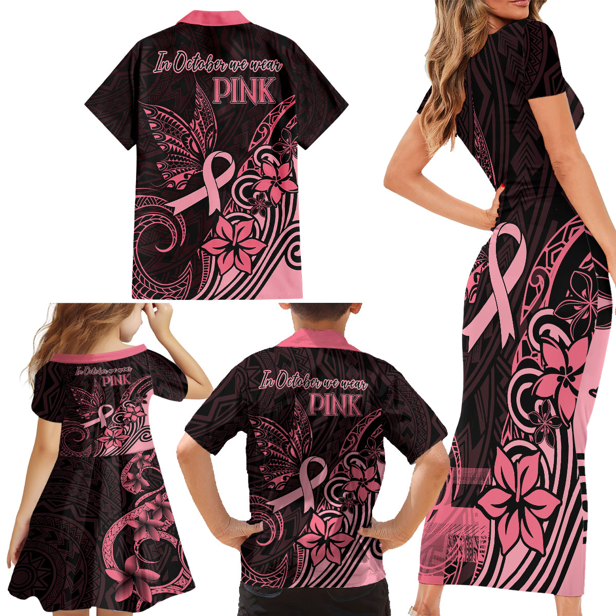 Polynesian Family Matching Short Sleeve Bodycon Dress and Hawaiian Shirt Breast Cancer RIbbon Butterfly Mix Plumeria Curves Pink - Wonder Print Shop