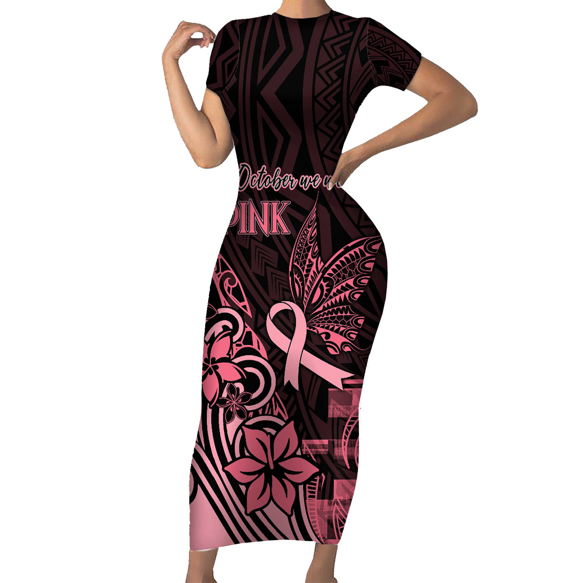 Polynesian Family Matching Short Sleeve Bodycon Dress and Hawaiian Shirt Breast Cancer RIbbon Butterfly Mix Plumeria Curves Pink - Wonder Print Shop