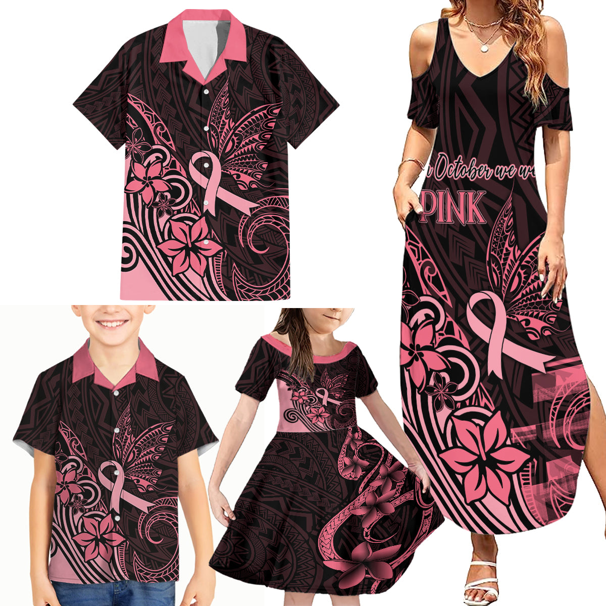 Polynesian Family Matching Summer Maxi Dress and Hawaiian Shirt Breast Cancer RIbbon Butterfly Mix Plumeria Curves Pink - Wonder Print Shop