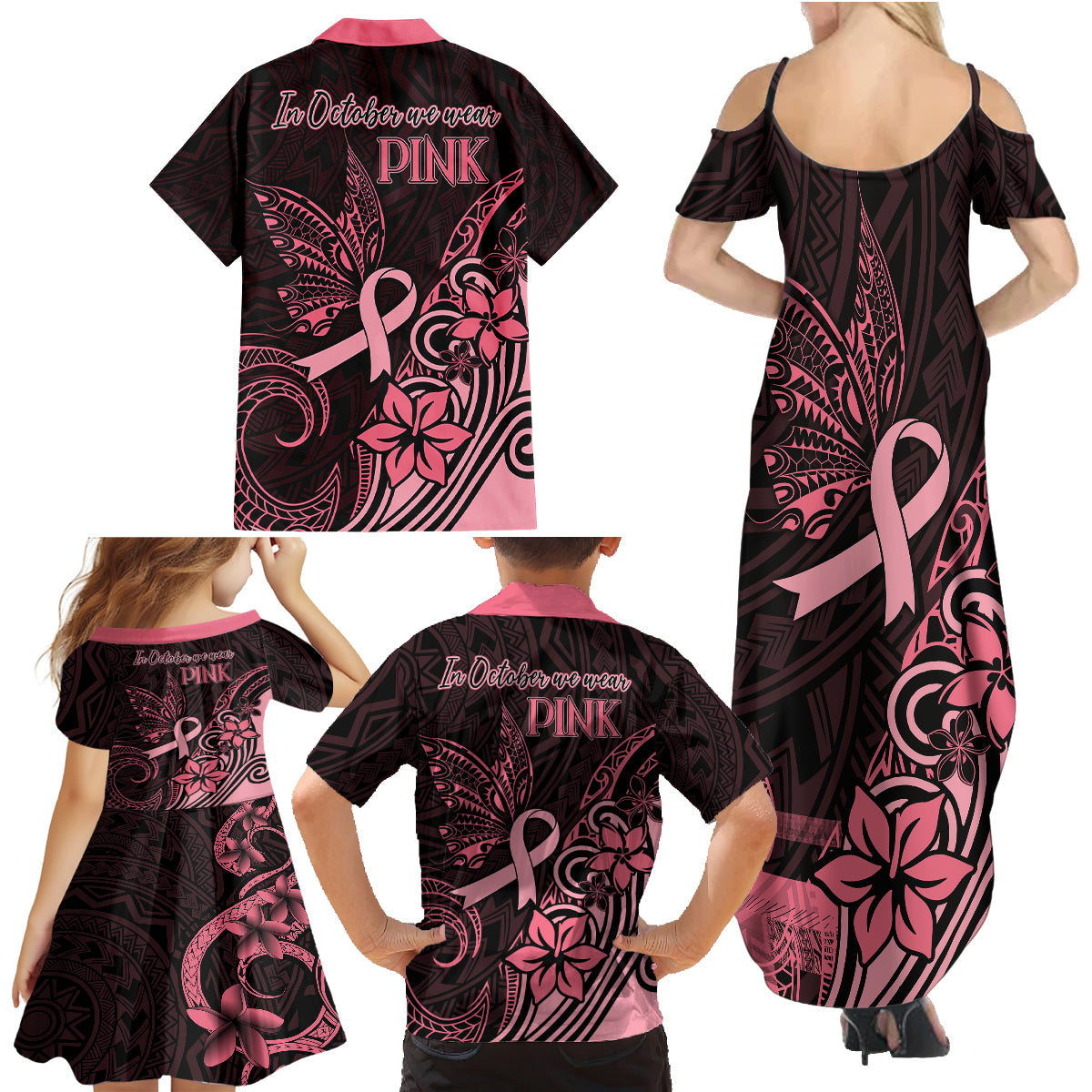 Polynesian Family Matching Summer Maxi Dress and Hawaiian Shirt Breast Cancer RIbbon Butterfly Mix Plumeria Curves Pink - Wonder Print Shop