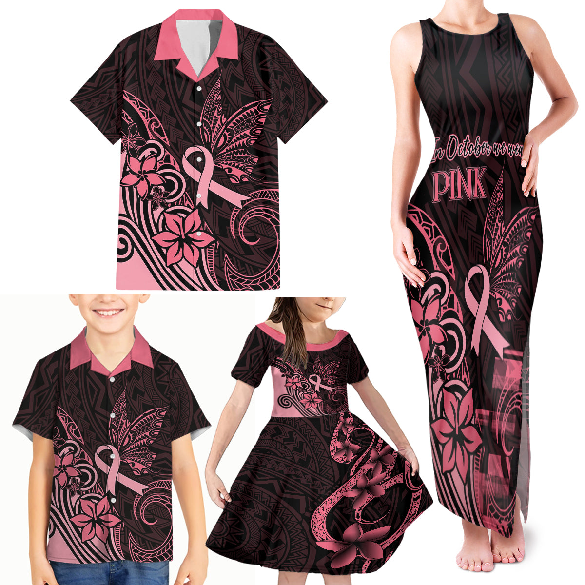Polynesian Family Matching Tank Maxi Dress and Hawaiian Shirt Breast Cancer RIbbon Butterfly Mix Plumeria Curves Pink - Wonder Print Shop