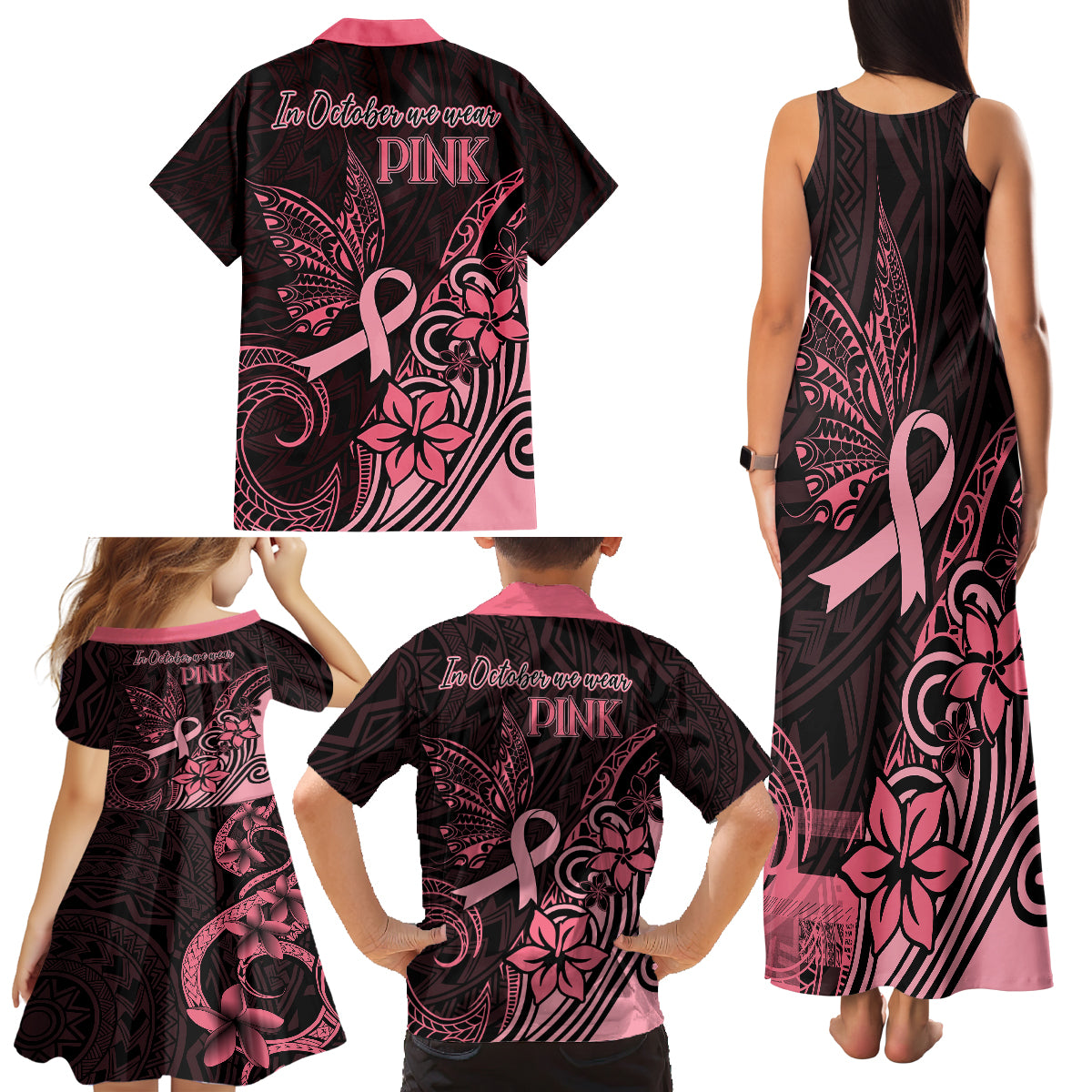 Polynesian Family Matching Tank Maxi Dress and Hawaiian Shirt Breast Cancer RIbbon Butterfly Mix Plumeria Curves Pink - Wonder Print Shop