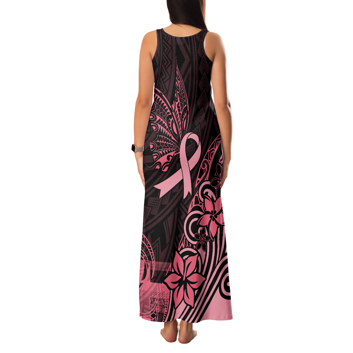 Polynesian Family Matching Tank Maxi Dress and Hawaiian Shirt Breast Cancer RIbbon Butterfly Mix Plumeria Curves Pink - Wonder Print Shop