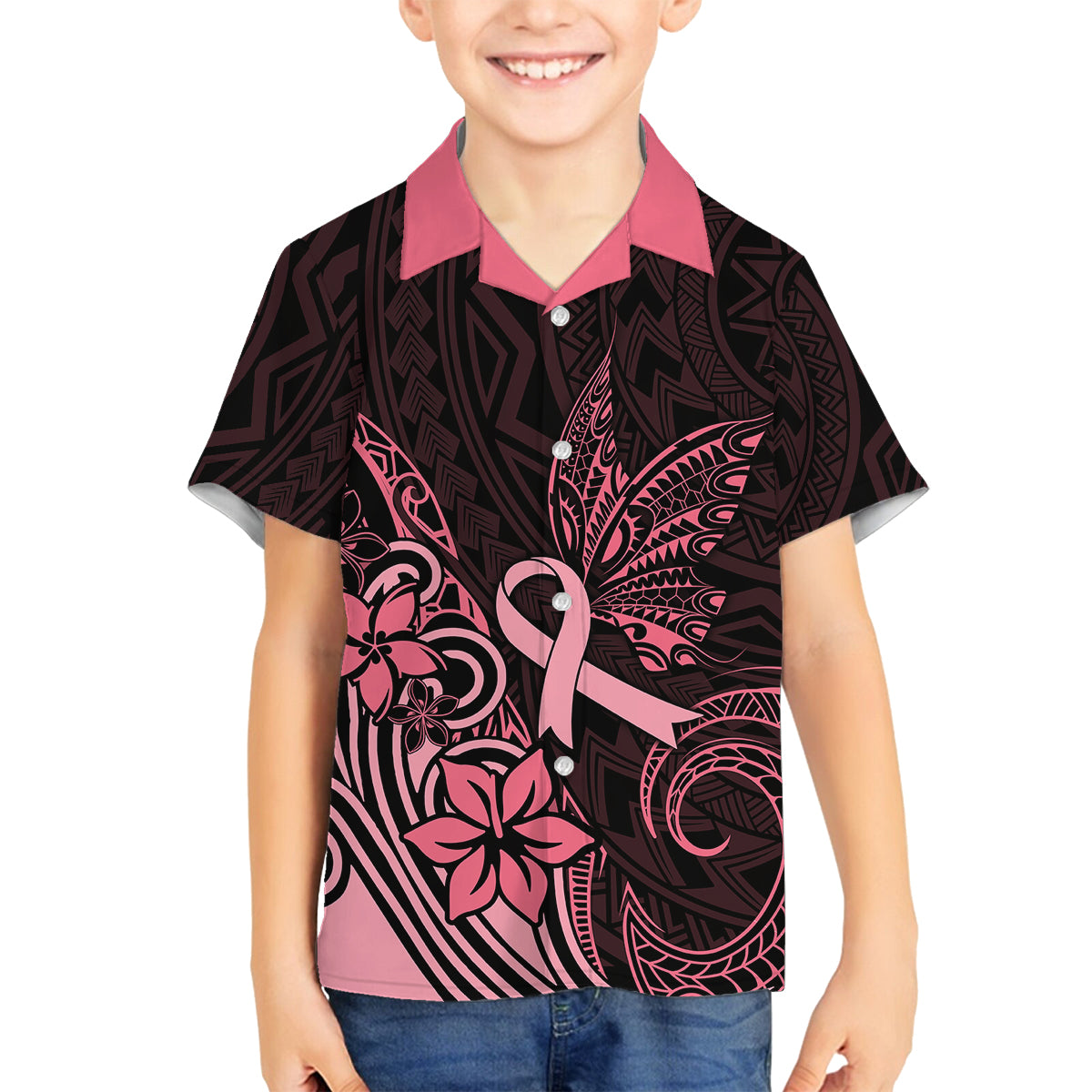 Polynesian Kid Hawaiian Shirt Breast Cancer RIbbon Butterfly Mix Plumeria Curves Pink - Wonder Print Shop
