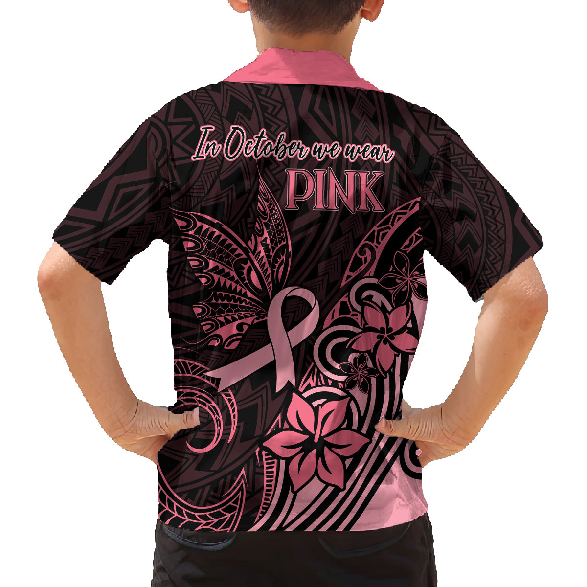 Polynesian Kid Hawaiian Shirt Breast Cancer RIbbon Butterfly Mix Plumeria Curves Pink - Wonder Print Shop