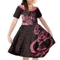 Polynesian Kid Short Sleeve Dress Breast Cancer RIbbon Butterfly Mix Plumeria Curves Pink - Wonder Print Shop