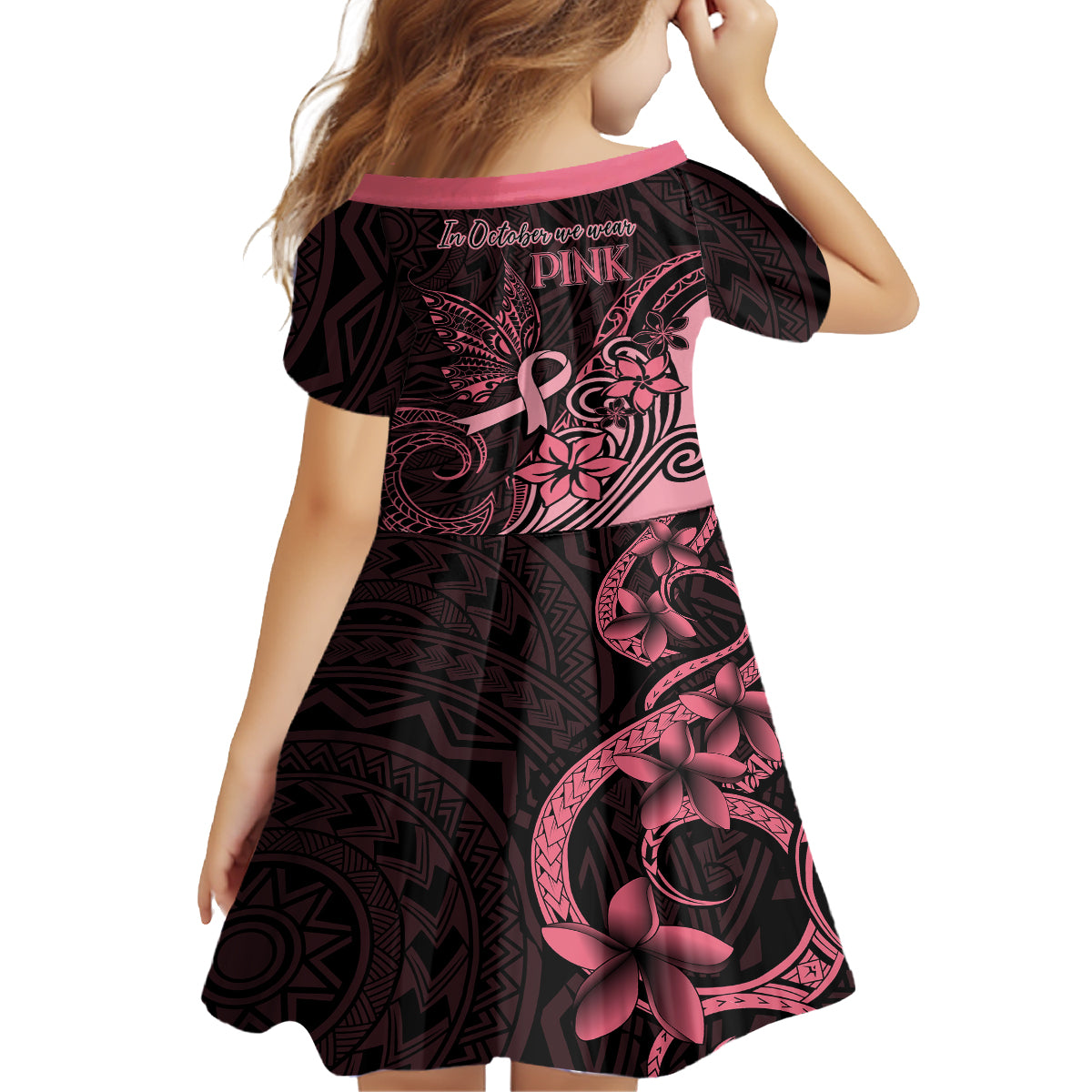 Polynesian Kid Short Sleeve Dress Breast Cancer RIbbon Butterfly Mix Plumeria Curves Pink - Wonder Print Shop