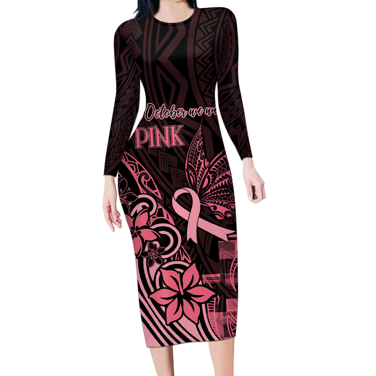 Polynesian Long Sleeve Bodycon Dress Breast Cancer RIbbon Butterfly Mix Plumeria Curves Pink - Wonder Print Shop