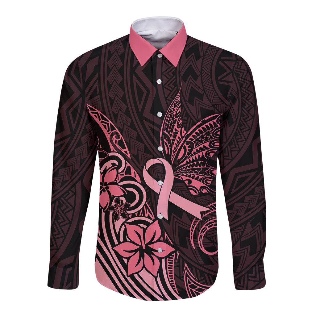 Polynesian Long Sleeve Button Shirt Breast Cancer RIbbon Butterfly Mix Plumeria Curves Pink - Wonder Print Shop