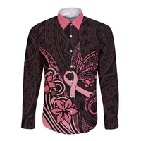 Polynesian Long Sleeve Button Shirt Breast Cancer RIbbon Butterfly Mix Plumeria Curves Pink - Wonder Print Shop