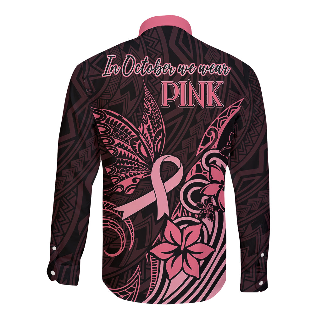 Polynesian Long Sleeve Button Shirt Breast Cancer RIbbon Butterfly Mix Plumeria Curves Pink - Wonder Print Shop