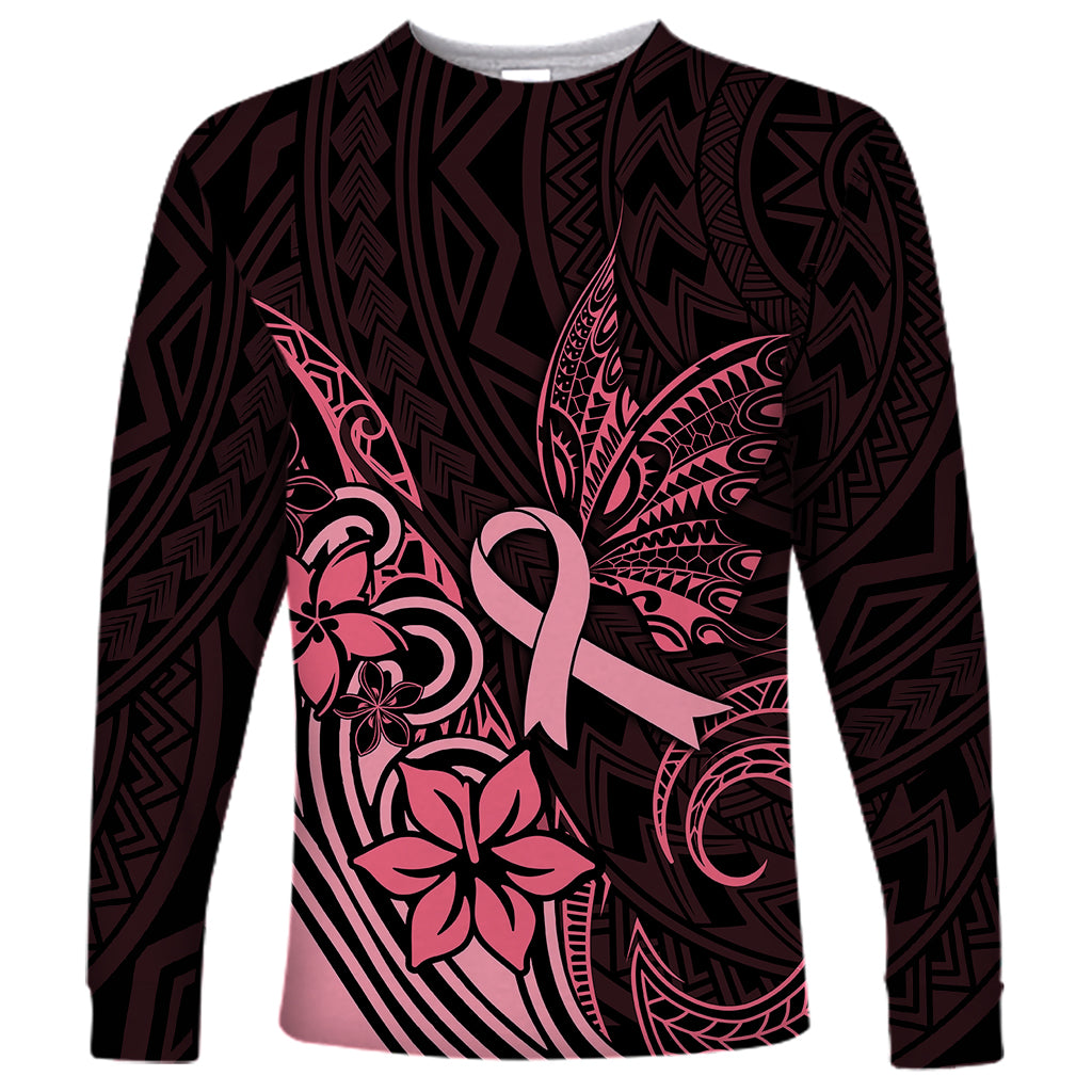 Polynesian Long Sleeve Shirt Breast Cancer RIbbon Butterfly Mix Plumeria Curves Pink - Wonder Print Shop