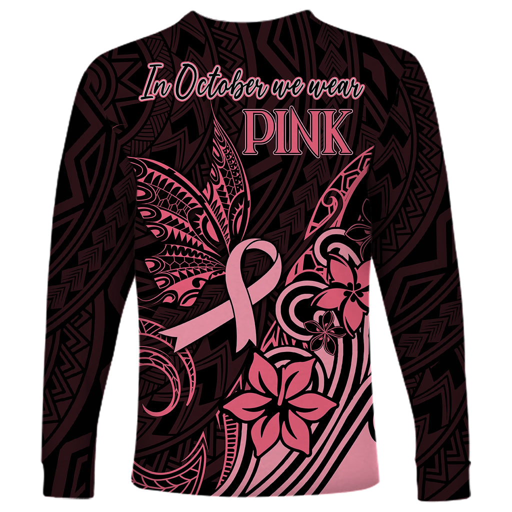 Polynesian Long Sleeve Shirt Breast Cancer RIbbon Butterfly Mix Plumeria Curves Pink - Wonder Print Shop
